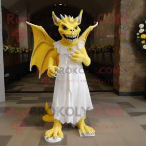 Yellow Gargoyle mascot costume character dressed with a Wedding Dress and Shoe clips