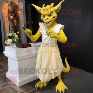 Yellow Gargoyle mascot costume character dressed with a Wedding Dress and Shoe clips