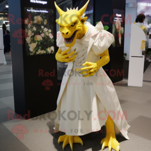 Yellow Gargoyle mascot costume character dressed with a Wedding Dress and Shoe clips