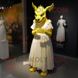 Yellow Gargoyle mascot costume character dressed with a Wedding Dress and Shoe clips