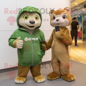 Olive Mongoose mascot costume character dressed with a Hoodie and Smartwatches