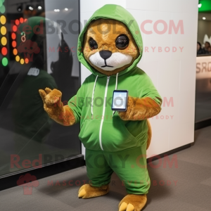 Olive Mongoose mascot costume character dressed with a Hoodie and Smartwatches
