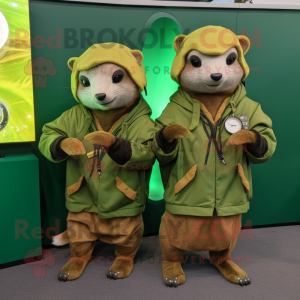 Olive Mongoose mascot costume character dressed with a Hoodie and Smartwatches