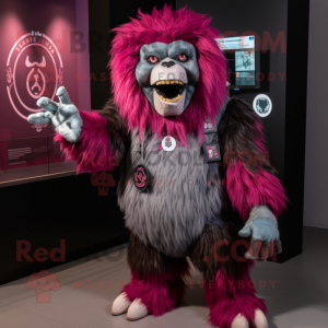 Magenta Yeti mascot costume character dressed with a Leather Jacket and Wraps