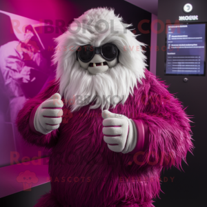 Magenta Yeti mascot costume character dressed with a Leather Jacket and Wraps