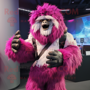 Magenta Yeti mascot costume character dressed with a Leather Jacket and Wraps