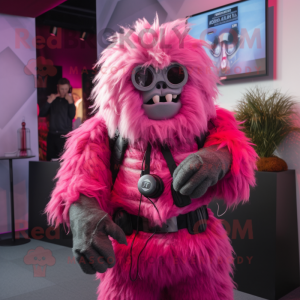 Magenta Yeti mascot costume character dressed with a Leather Jacket and Wraps