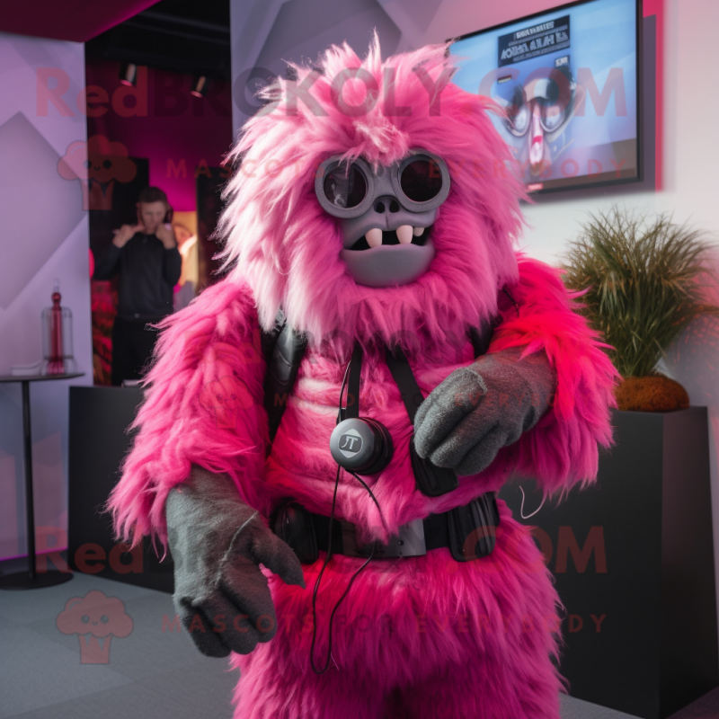Magenta Yeti mascot costume character dressed with a Leather Jacket and Wraps Magenta Yeti mascot costume character dressed with a Leather Jacket and Wraps
