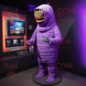 Purple Mummy mascot costume character dressed with a Turtleneck and Digital watches