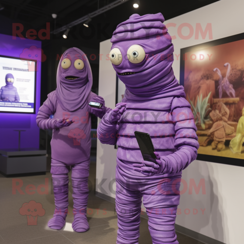 Purple Mummy mascot costume character dressed with a Turtleneck and Digital watches Purple Mummy mascot costume character dressed with a Turtleneck and Digital watches