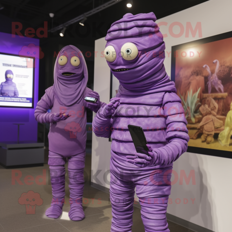 Purple Mummy mascot costume character dressed with a Turtleneck and Digital watches