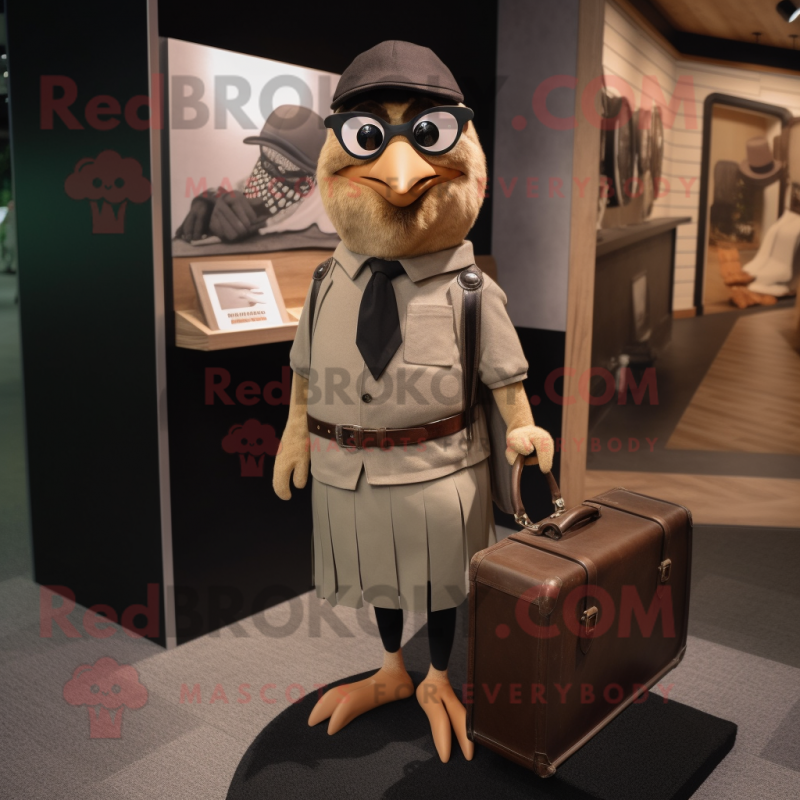 Tan Blackbird mascot costume character dressed with a Henley Tee and Briefcases Tan Blackbird mascot costume character dressed with a Henley Tee and Briefcases