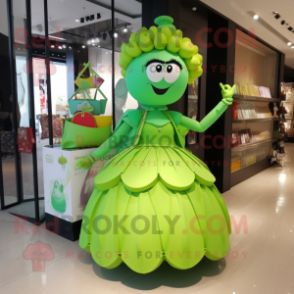 Lime Green Candy Box mascot costume character dressed with a Ball Gown and Handbags