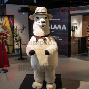 Cream Llama mascot costume character dressed with a Dress Shirt and Hats