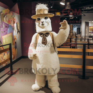 Cream Llama mascot costume character dressed with a Dress Shirt and Hats