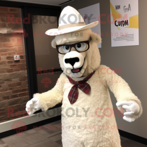 Cream Llama mascot costume character dressed with a Dress Shirt and Hats