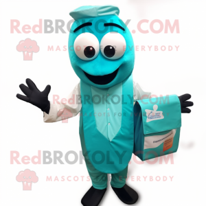 Teal Shrimp Scampi mascot costume character dressed with a Dress Shirt and Clutch bags