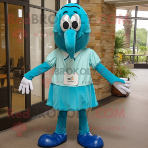 Teal Shrimp Scampi mascot costume character dressed with a Dress Shirt and Clutch bags