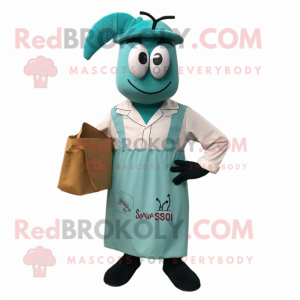 Teal Shrimp Scampi mascot costume character dressed with a Dress Shirt and Clutch bags