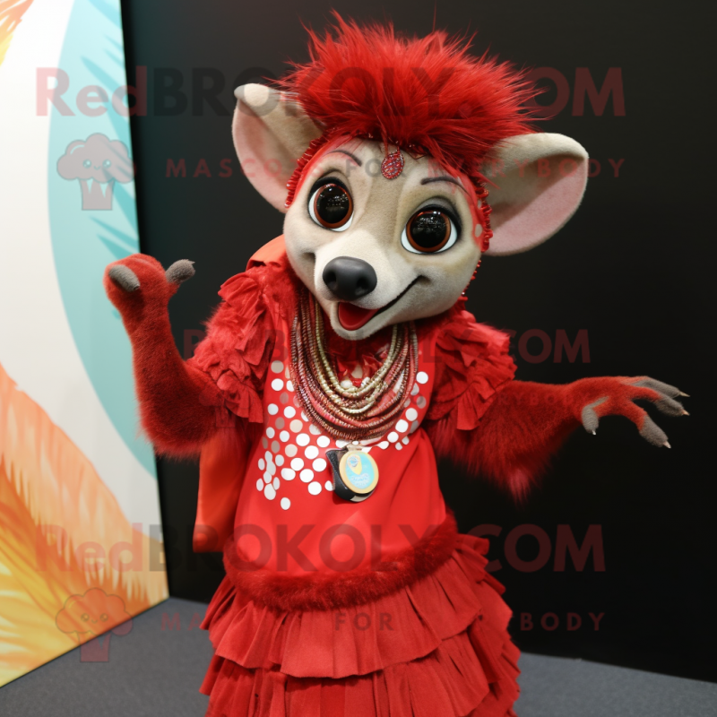 Red Aye-Aye mascot costume character dressed with a Dress and Earrings