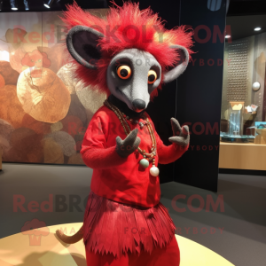 Red Aye-Aye mascot costume character dressed with a Dress and Earrings