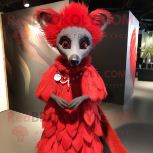 Red Aye-Aye mascot costume character dressed with a Dress and Earrings