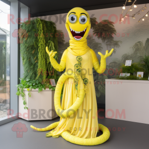 Lemon Yellow Hydra mascot costume character dressed with a Dress and Bracelets