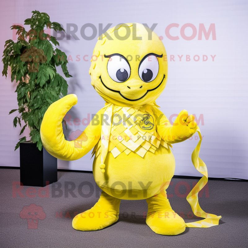 Lemon Yellow Hydra mascot costume character dressed with a Dress and Bracelets