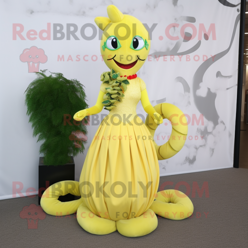 Lemon Yellow Hydra mascot costume character dressed with a Dress and Bracelets