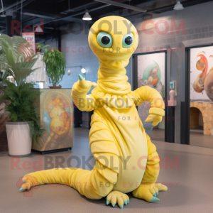 Lemon Yellow Hydra mascot costume character dressed with a Dress and Bracelets