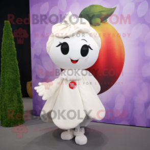 White Plum mascot costume character dressed with a Mini Dress and Wraps