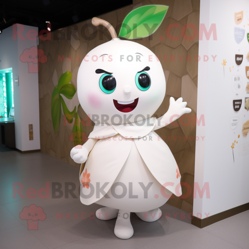 White Plum mascot costume character dressed with a Mini Dress and Wraps