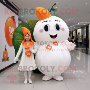 White Plum mascot costume character dressed with a Mini Dress and Wraps