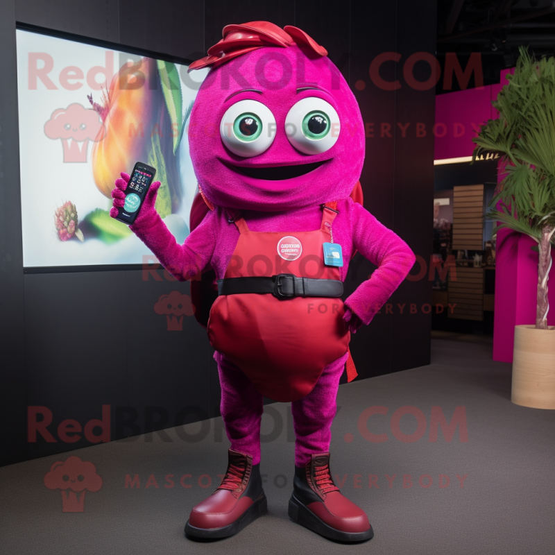 Magenta Tacos mascot costume character dressed with a Skinny Jeans and Smartwatches Magenta Tacos mascot costume character dressed with a Skinny Jeans and Smartwatches
