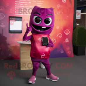 Magenta Tacos mascot costume character dressed with a Skinny Jeans and Smartwatches