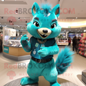 Turquoise Squirrel mascot costume character dressed with a Bodysuit and Bracelet watches
