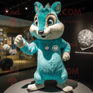 Turquoise Squirrel mascot costume character dressed with a Bodysuit and Bracelet watches