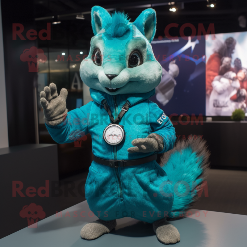 Turquoise Squirrel mascot costume character dressed with a Bodysuit and Bracelet watches