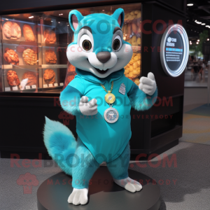 Turquoise Squirrel mascot costume character dressed with a Bodysuit and Bracelet watches