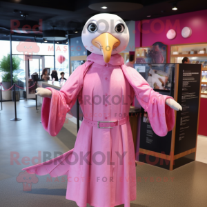 Pink Albatross mascot costume character dressed with a Wrap Dress and Keychains