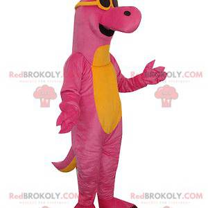 Rosa und gelbes Dinosauriermaskottchen mit Sonnenbrille -