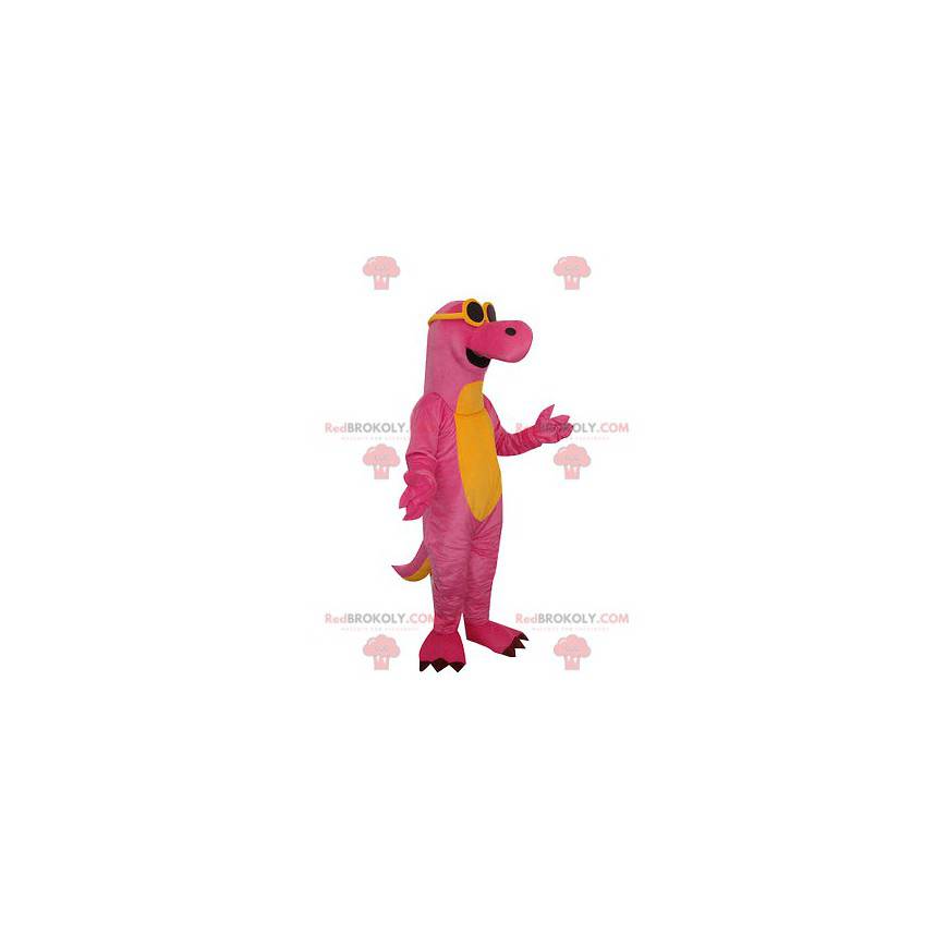 Mascote dinossauro rosa e amarelo com óculos de sol -