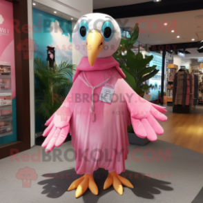 Pink Albatross mascot costume character dressed with a Wrap Dress and Keychains