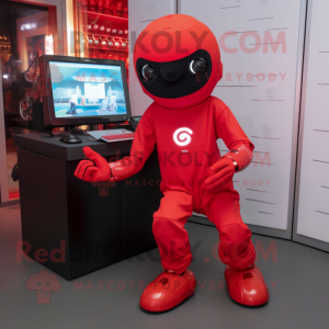 Red Computer mascot costume character dressed with a Jumpsuit and Smartwatches