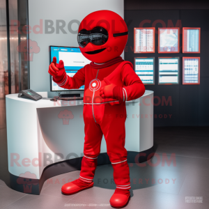 Red Computer mascot costume character dressed with a Jumpsuit and Smartwatches