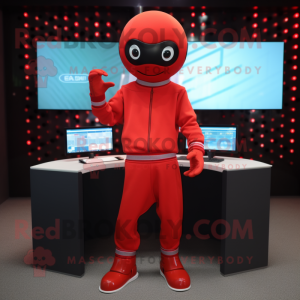 Red Computer mascot costume character dressed with a Jumpsuit and Smartwatches