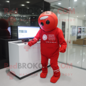 Red Computer mascot costume character dressed with a Jumpsuit and Smartwatches