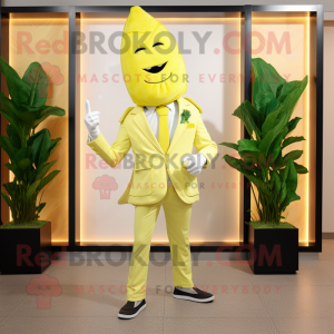 Lemon Yellow Caesar Salad mascot costume character dressed with a Suit Jacket and Shoe clips