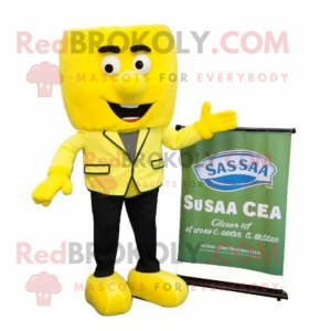Lemon Yellow Caesar Salad mascot costume character dressed with a Suit Jacket and Shoe clips