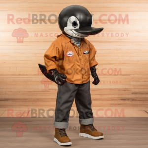 Rust Killer Whale mascot costume character dressed with a Oxford Shirt and Shoe laces